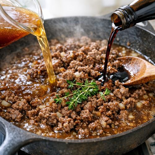 Step 5: Add Stock, Worcestershire, and Herbs