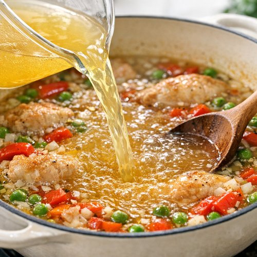 Step 6: Add Stock and Bring to Simmer (Building Volume)