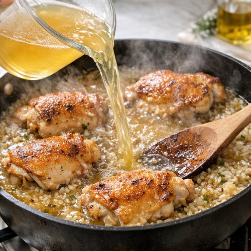 Step 5: Add Broth and Return Chicken